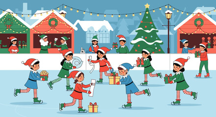 Fototapeta premium Festive Elves Ice Skating and Delivering Christmas Gifts.