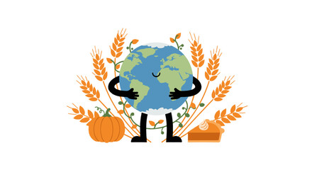 A cute cartoon Earth character embracing itself, surrounded by golden wheat stalks, a pumpkin, and a slice of pumpkin pie, symbolizing harvest and environmental care.