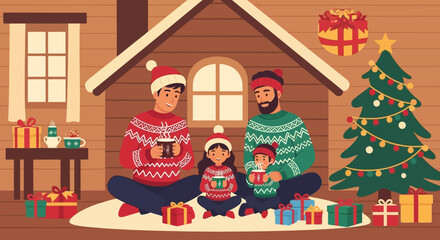 Family Enjoying Christmas Together with Hot Drinks.