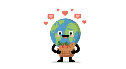 Cartoon Earth character holding a basket of carrots with hearts floating above it, symbolizing love for the planet.