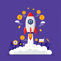 Fototapeta premium A rocket ship launching upwards, surrounded by money symbols and graphics, signifying financial growth.