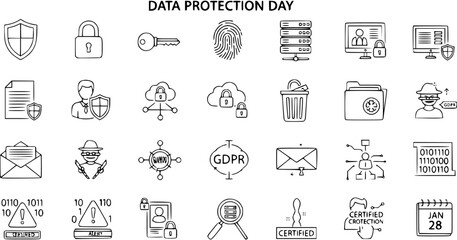 Data Protection Day hand-drawn icons set. Cybersecurity, privacy, GDPR, and internet security concept doodle illustrations.