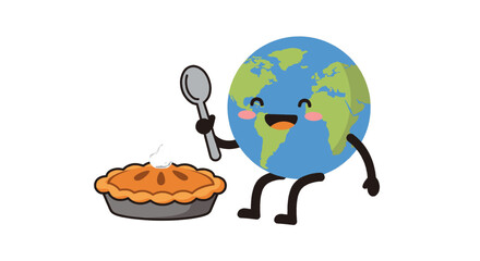 Cartoon Earth character holding a spoon and a pie, smiling happily.