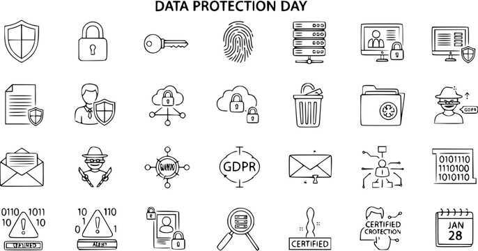 Data Protection Day hand-drawn icons set. Cybersecurity, privacy, GDPR, and internet security concept doodle illustrations.