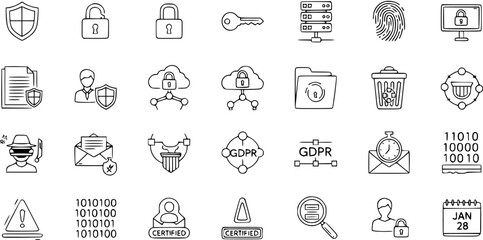 Data Security, Privacy, and GDPR Line Icons Set. Collection of Hand Drawn Symbols for Cybersecurity, Digital Information Protection, Compliance, and Confidentiality.