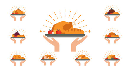 A collection of Thanksgiving-themed food platters, featuring a central roasted turkey and bread, surrounded by smaller platters with various side dishes and garnishes.