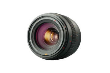A close-up of a camera lens with a complex internal structure, against a black backdrop