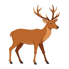 Illustration of a brown deer with large antlers, standing gracefully against a clean white background. Its posture is alert