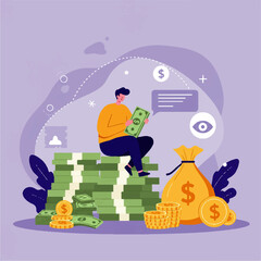 A person holding money sits atop a large stack of cash, contemplating.