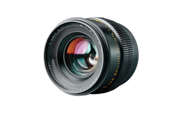 Close-up of a professional-grade, high-quality camera lens with multiple glass elements