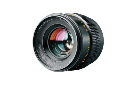 Close-up of a professional-grade, high-quality camera lens with multiple glass elements