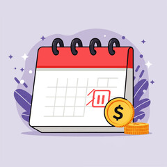 A cartoon illustration of a calendar with a highlighted date and coins.