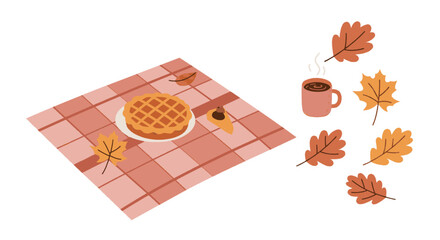 Autumn picnic scene with a delicious waffle, hot drink, and colorful fall leaves.