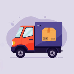 Illustration of a delivery truck carrying a cardboard box against a light purple background.