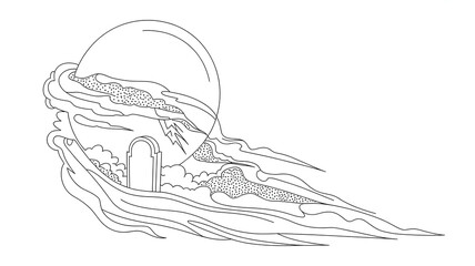 Abstract surreal portal opens to stormy sky with thunderbolt and moonlit clouds