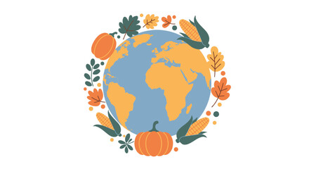 Planet Earth globe surrounded by a wreath of autumn harvest elements like pumpkins, corn, and colorful leaves.