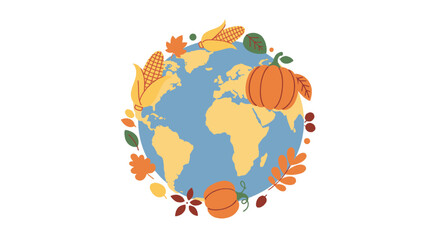 Illustration of the Earth surrounded by autumn harvest elements like pumpkins, corn, and leaves.