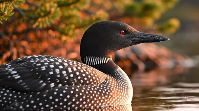 A striking close-up of a common loon gracefully swimming in tranquil waters, surrounded by soft evening light and lush greenery, highlighting its distinctive black and white plumage and bold red eyes
