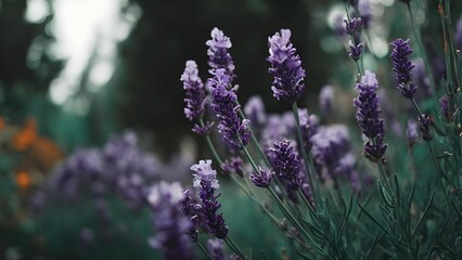 Purple lavender flowers in a garden, close-up with a blurred green background. Concept Lavender close-up, Garden macro photography, Purple flowers, Bokeh background, Nature close-up