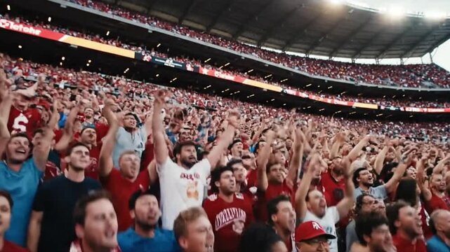 Massive stadium crowd of fans cheering ecstatically in slow motion.