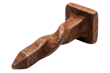 Twisted and rusted vintage square head railroad spike macro isolated on a transparent background