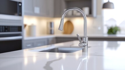 Close-up of sink and faucet on kitchen island with blurred gray cabinets