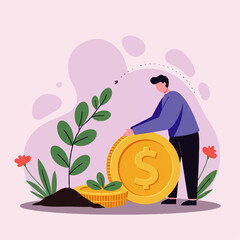 A person planting money, nurturing financial growth, and investing.