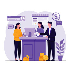 Illustration depicting a bank teller assisting customers with financial transactions at a counter.