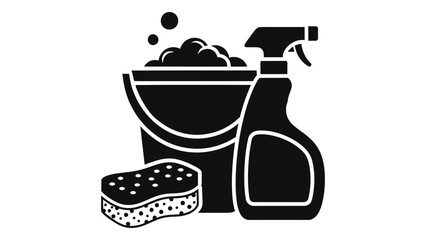 A black and white icon of cleaning supplies including a bucket, spray bottle, and sponge isolated on white background