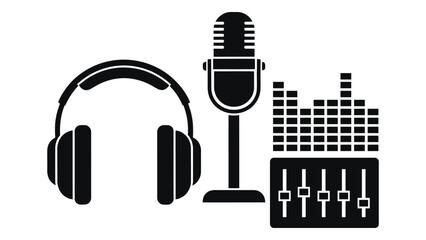 Headphones, microphone, equalizer, and sound mixer isolated on white background for audio recording and podcasting concept