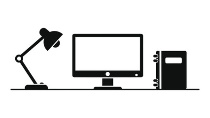Illustration of a desk lamp, computer monitor, and computer tower isolated on white background, representing office equipment