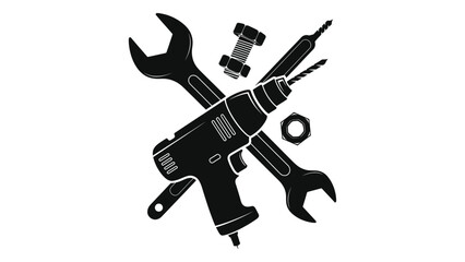 Illustration of a drill, wrench, bolt, and nut isolated on white background, representing tools and equipment for repair work