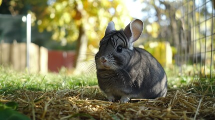 Gray chinchilla sits on straw in a fenced outdoor area with blurred background