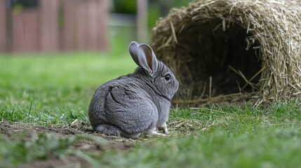 Grey rabbit sitting outside with hay tunnel on green grass for a farm animal photo
