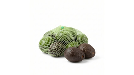 Fresh Ripe Avocados, Some in a Green Mesh Bag, on an Isolated transparent background