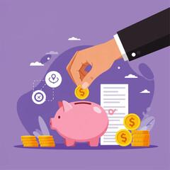 A hand placing a coin into a pink piggy bank, representing savings and finance.