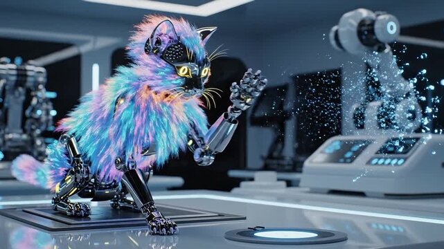 未来感あふれる研究室でホログラムに反応するメカニカルキャット

