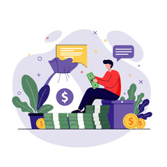 Illustration of a man sitting on stacks of money while counting cash next to a bag with a dollar sign.