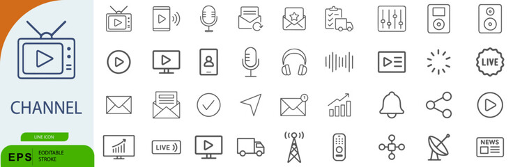 Channel Icon Set – 40 Line Style Symbols for Media, Streaming, and Digital Communication