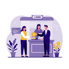 Illustration depicting a loan transaction with a customer and a bank teller.