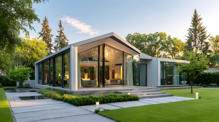 Modern luxury house featuring contemporary glass architecture and green garden