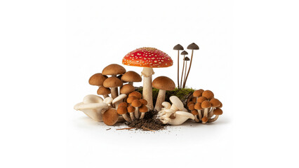 Assortment of Wild Mushrooms with Red Fly Agaric on Isolated transparent background, Forest Fungi Collection