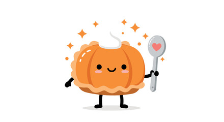 A cute kawaii pumpkin pie character with a smiling face and whipped cream, holding a spoon with a heart.