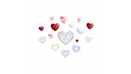 Assortment of Colorful Watercolor Hearts Floating on Isolated transparent background, Romantic Love Symbol Collection