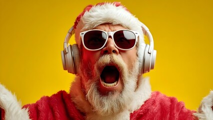 Santa Claus wearing white sunglasses, a Santa hat, and large headphones, singing against a bright yellow background. Concept Santa with headphones, Singing Santa, White sunglasses, Yellow background