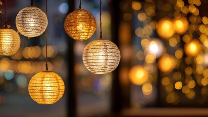 Obraz premium Warm gold paper lanterns hanging from cords, glowing softly with a dreamy golden bokeh background. Concept Warm golden lighting, Gold paper lanterns, Dreamy bokeh, Soft glow, Evening ambiance