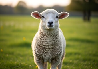 Fototapeta premium A cute young lamb with white woolly fleece stands in a vibrant green grassy field, looking directly at the camera with a soft, warm light.