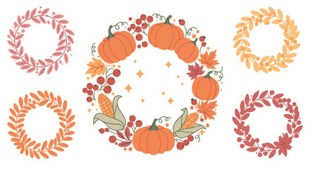 A collection of fall-themed wreaths featuring pumpkins, corn, leaves, and berries, perfect for autumn decorations and seasonal designs.