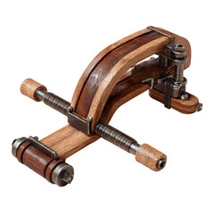 Vintage wooden clamp isolated on transparent background, antique woodworking tool