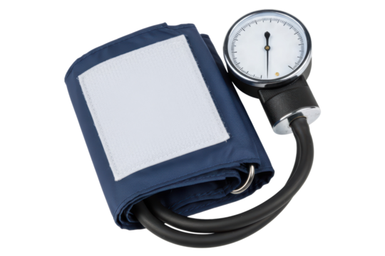 Manual blood pressure cuff with analog gauge for health checks isolated on a transparent background